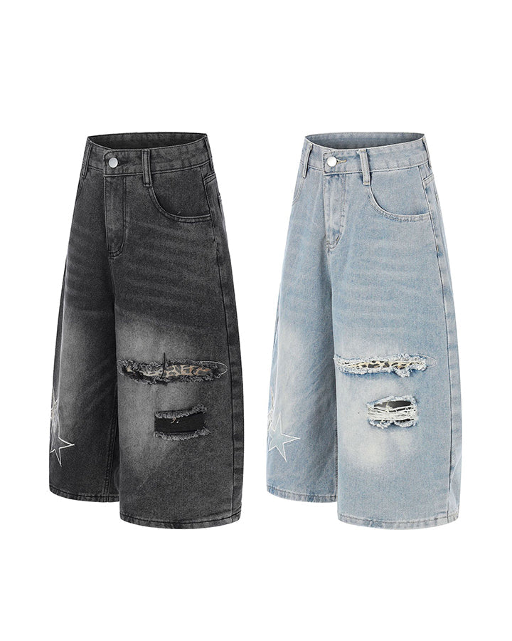 KIIKIO Y2K Star Patch Distressed Wide Denim Shorts