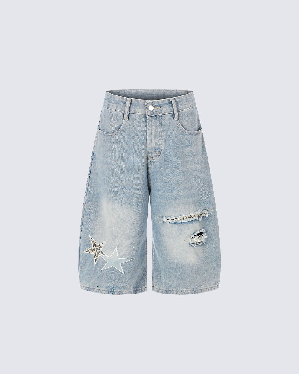 KIIKIO Y2K Star Patch Distressed Wide Denim Shorts