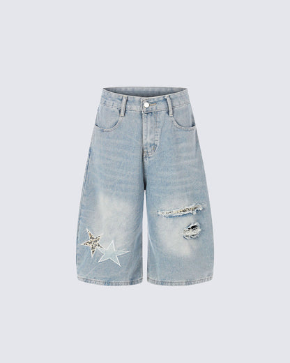 KIIKIO Y2K Star Patch Distressed Wide Denim Shorts