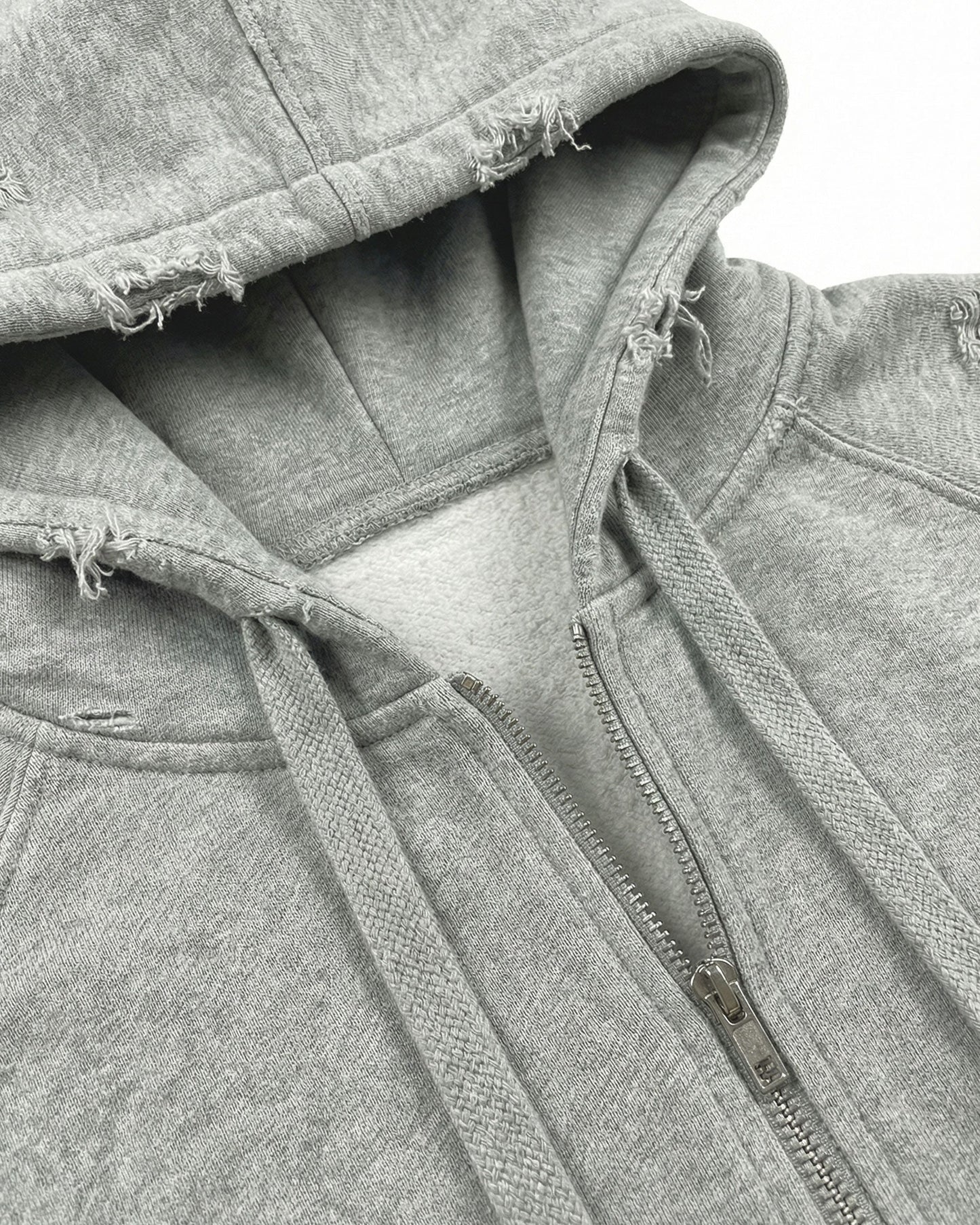LOW SATURATION-Distressed Cropped Zip-Up Hoodie