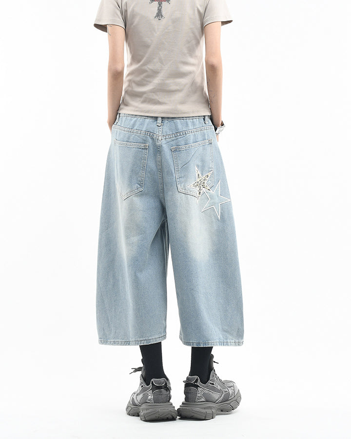 KIIKIO Y2K Star Patch Distressed Wide Denim Shorts