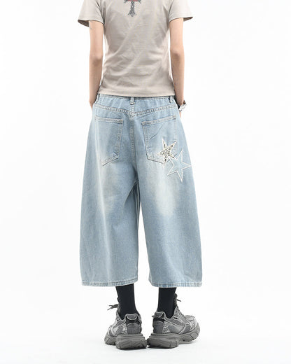 KIIKIO Y2K Star Patch Distressed Wide Denim Shorts