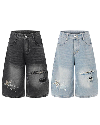 KIIKIO Y2K Star Patch Distressed Wide Denim Shorts