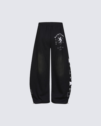 Black Gothic Letter Print Wide-Leg Sweatpants