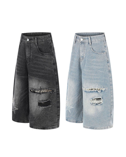 KIIKIO Y2K Star Patch Distressed Wide Denim Shorts