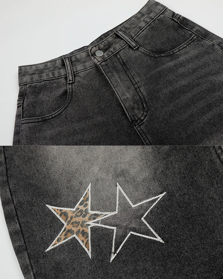 KIIKIO Y2K Star Patch Distressed Wide Denim Shorts