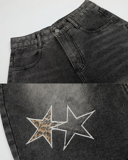 KIIKIO Y2K Star Patch Distressed Wide Denim Shorts