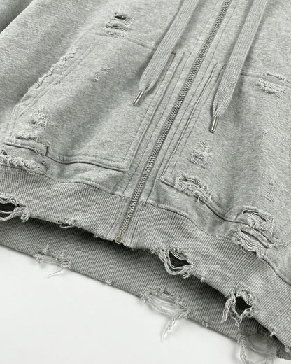 LOW SATURATION-Distressed Cropped Zip-Up Hoodie