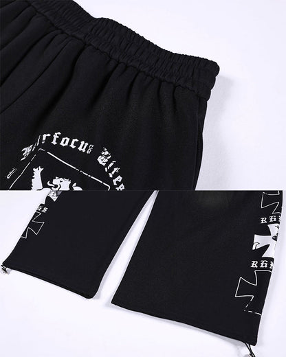 Black Gothic Letter Print Wide-Leg Sweatpants