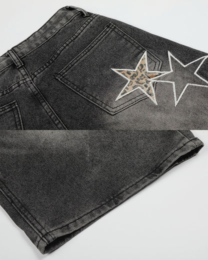 KIIKIO Y2K Star Patch Distressed Wide Denim Shorts
