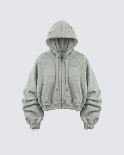 LOW SATURATION-Distressed Cropped Zip-Up Hoodie