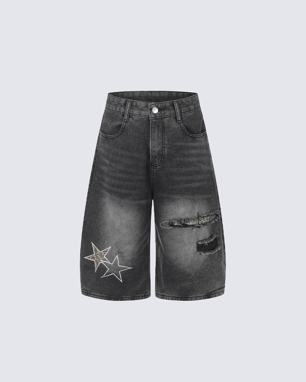 KIIKIO Y2K Star Patch Distressed Wide Denim Shorts