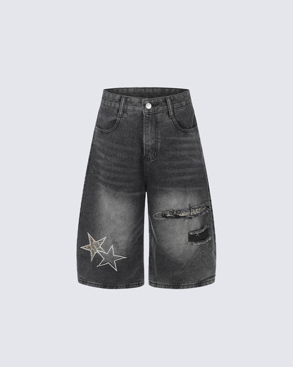 KIIKIO Y2K Star Patch Distressed Wide Denim Shorts