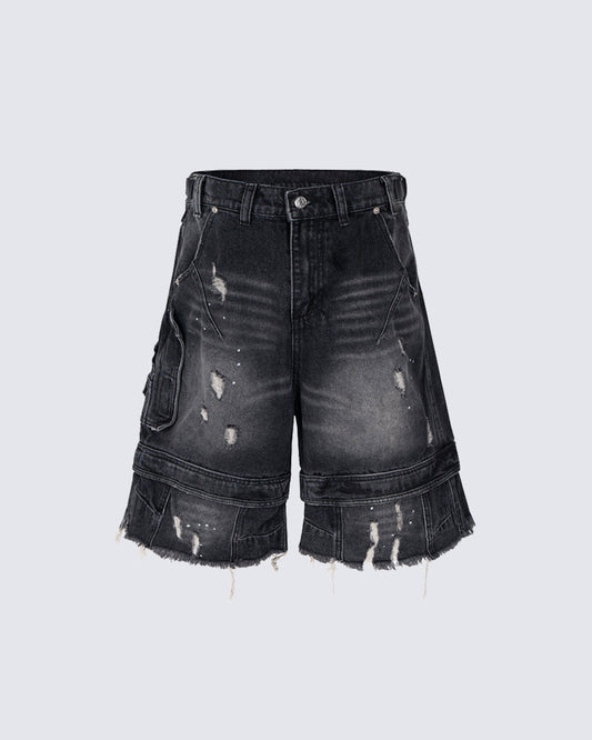 Vintage Washed Cargo Five-Length Denim Shorts