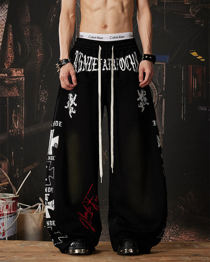 Black Gothic Letter Print Wide-Leg Sweatpants