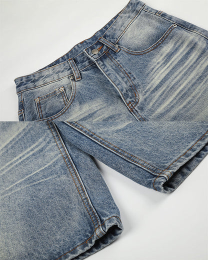 Retro Washed Whisker-Effect Denim Shorts