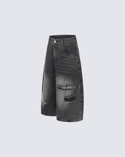 KIIKIO Y2K Star Patch Distressed Wide Denim Shorts