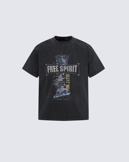 Retro-Style Washed Print Casual Short-Sleeved T-Shirt