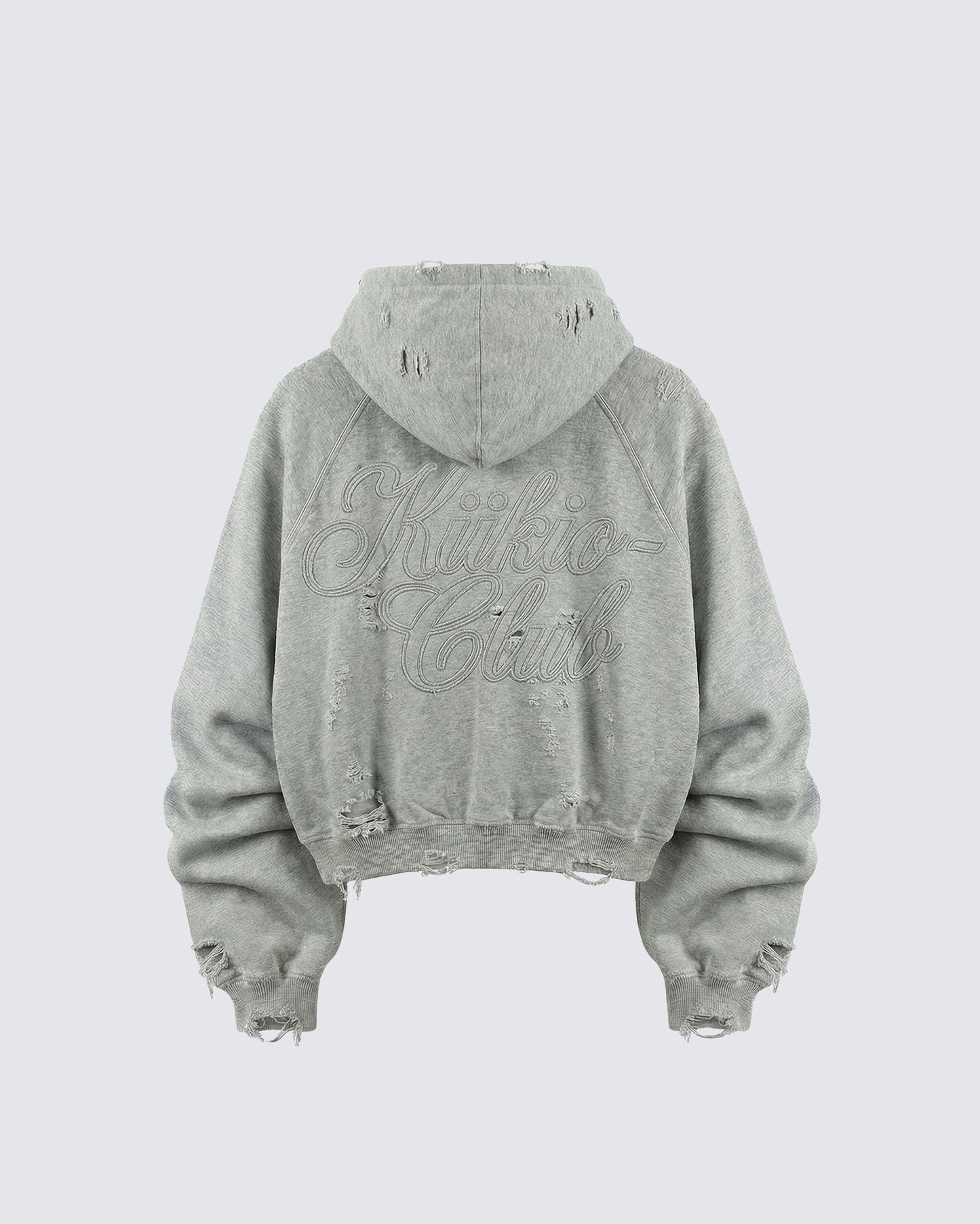 LOW SATURATION-Distressed Cropped Zip-Up Hoodie