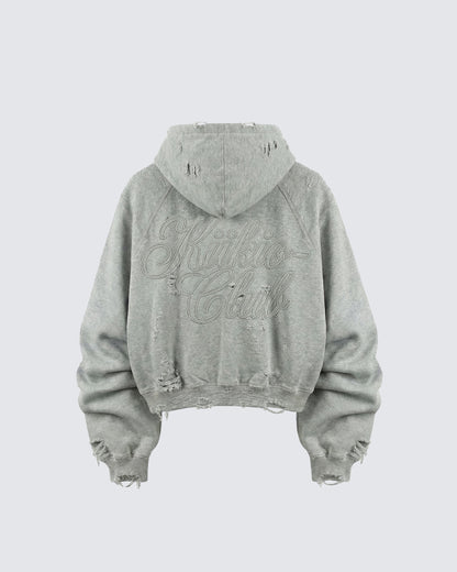 LOW SATURATION-Distressed Cropped Zip-Up Hoodie