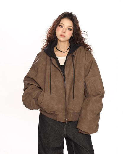Black Leather Bomber Hoodie Jacket
