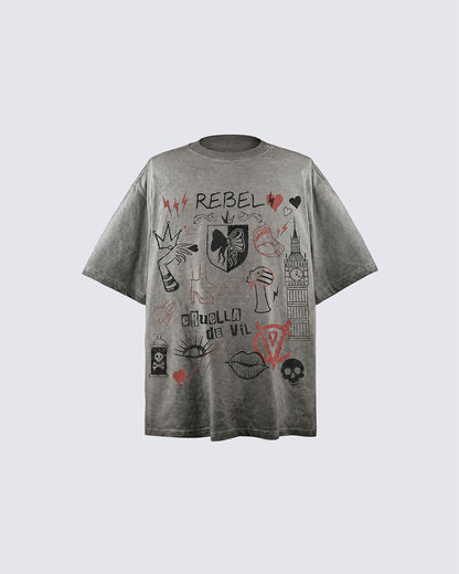 Y2K Rebel Doodle Graphic Washed Cotton T-Shirt New