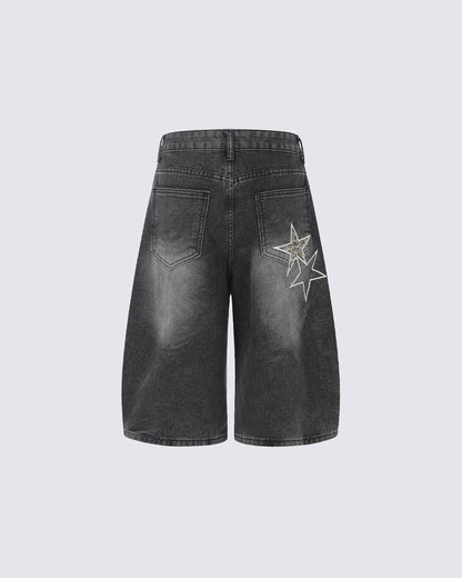 KIIKIO Y2K Star Patch Distressed Wide Denim Shorts