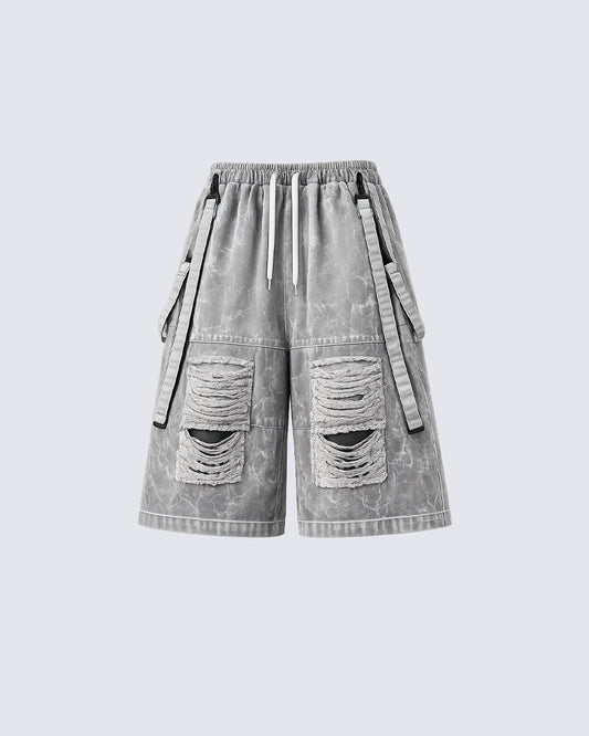 Vintage Distressed Loose Denim Cargo Shorts