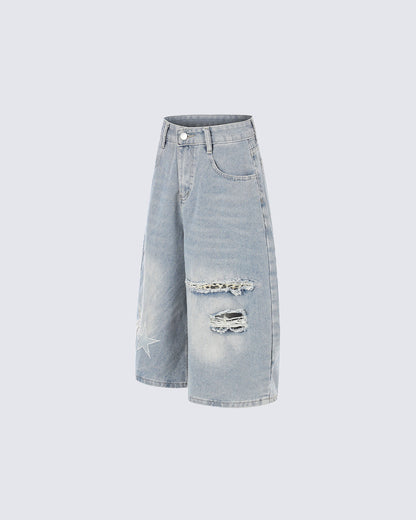 KIIKIO Y2K Star Patch Distressed Wide Denim Shorts
