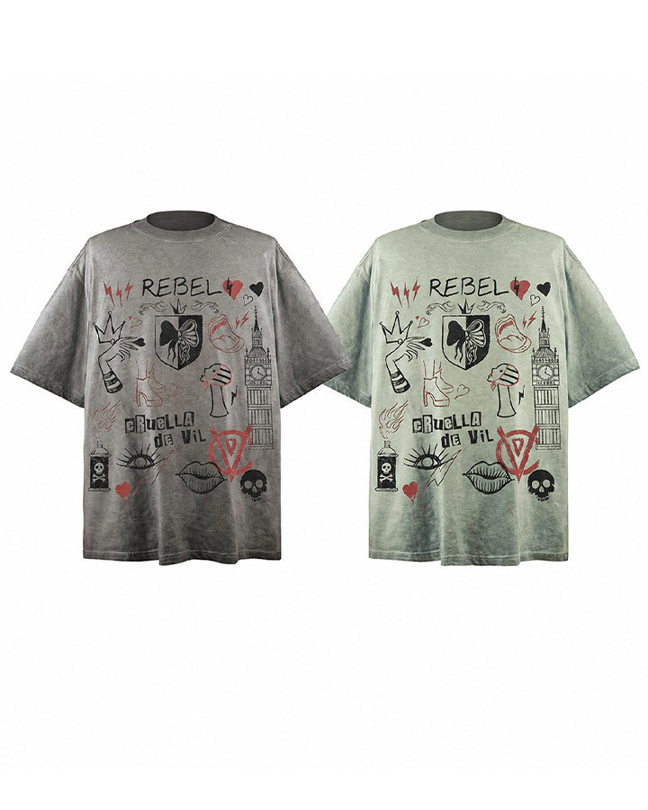 Y2K Rebel Doodle Graphic Washed Cotton T-Shirt New
