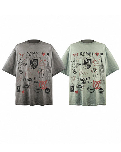 Y2K Rebel Doodle Graphic Washed Cotton T-Shirt New