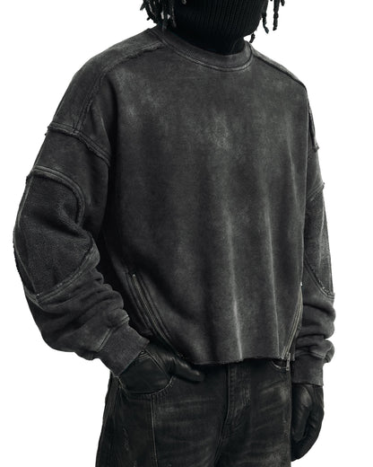LOW SATURATION-Washed Zip Detail Cropped Sweatshirt