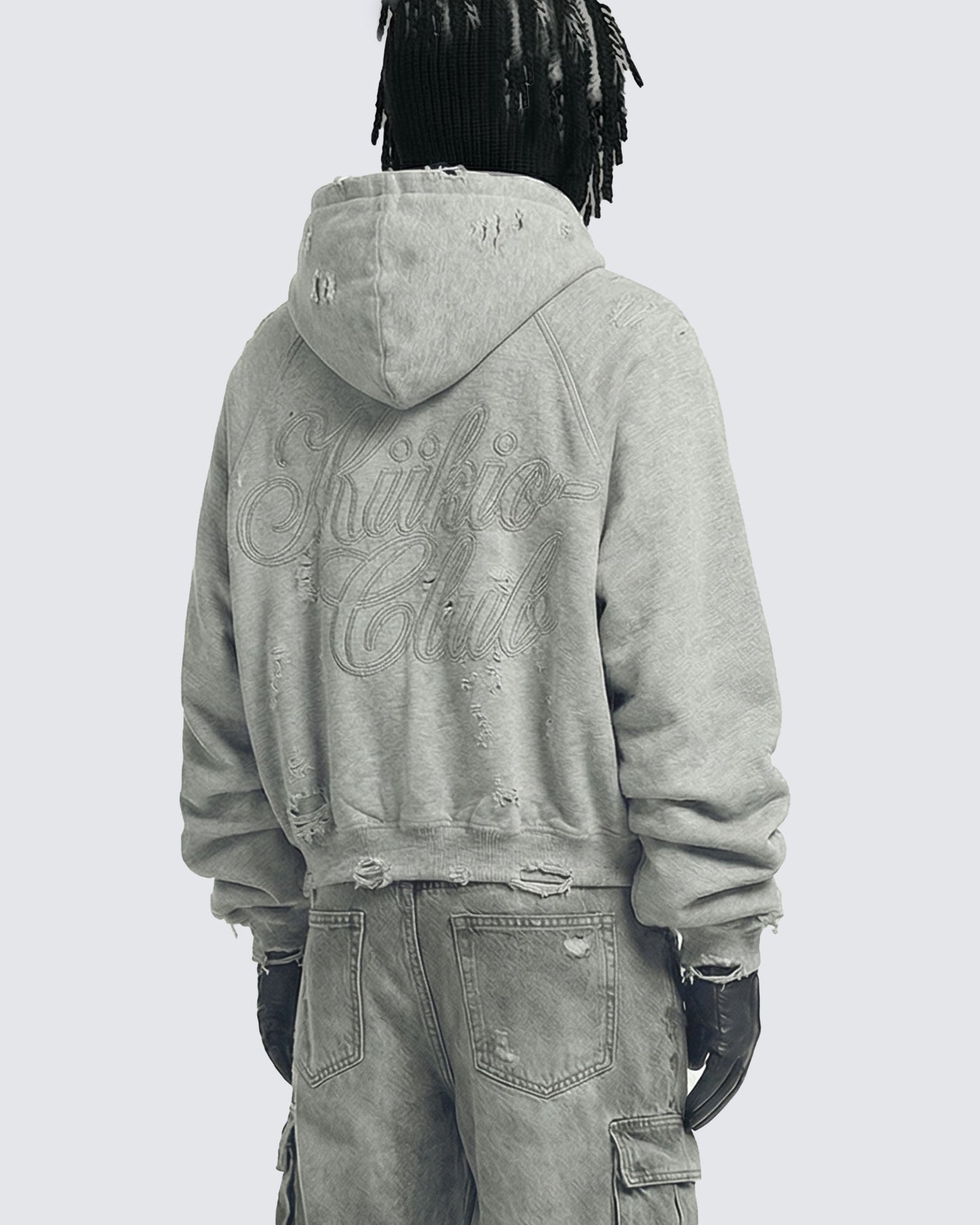 LOW SATURATION-Distressed Cropped Zip-Up Hoodie