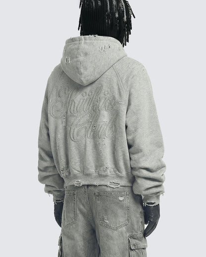 LOW SATURATION-Distressed Cropped Zip-Up Hoodie