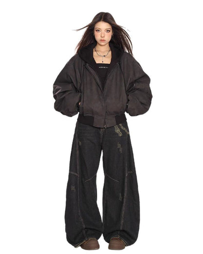 Black Leather Bomber Hoodie Jacket