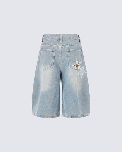 KIIKIO Y2K Star Patch Distressed Wide Denim Shorts