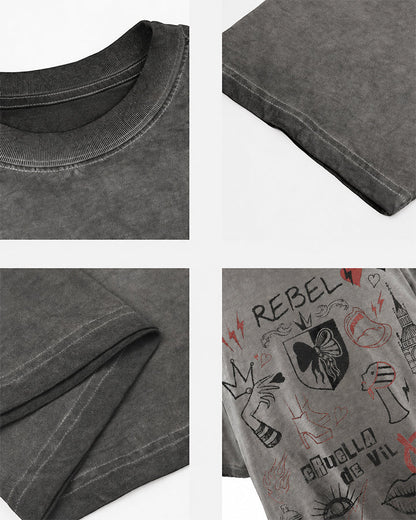 Y2K Rebel Doodle Graphic Washed Cotton T-Shirt New
