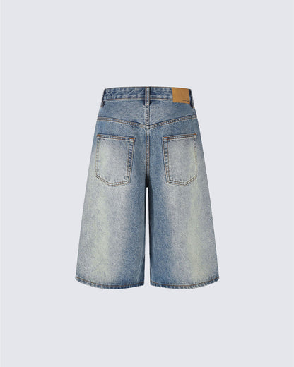 Retro Washed Whisker-Effect Denim Shorts