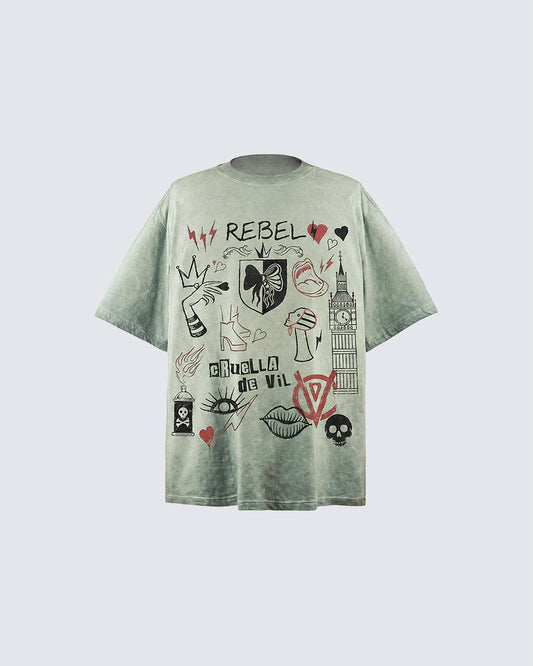 Y2K Rebel Doodle Graphic Washed Cotton T-Shirt New