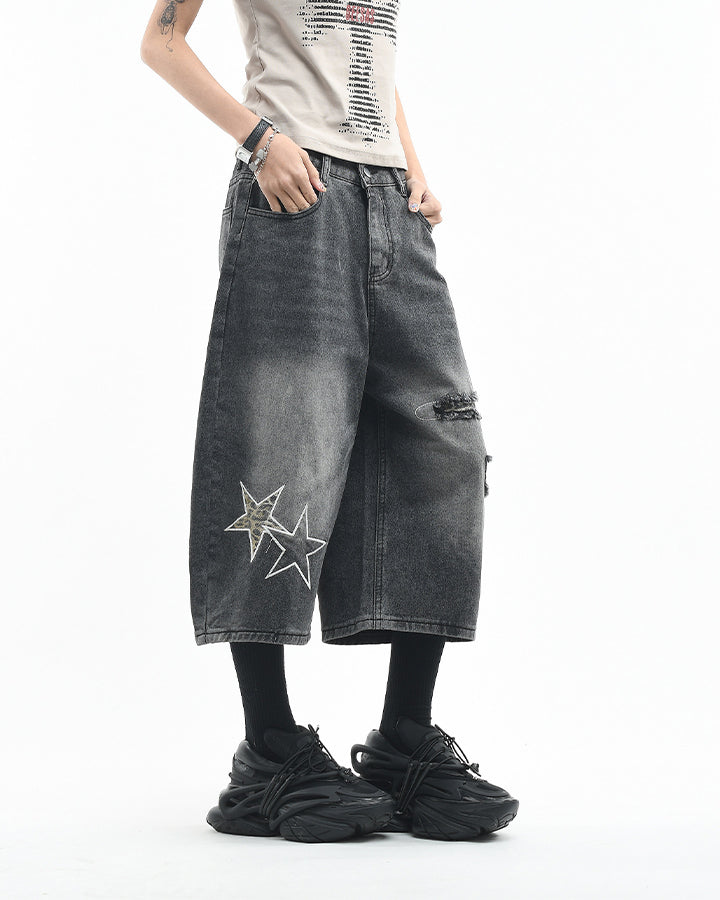 KIIKIO Y2K Star Patch Distressed Wide Denim Shorts