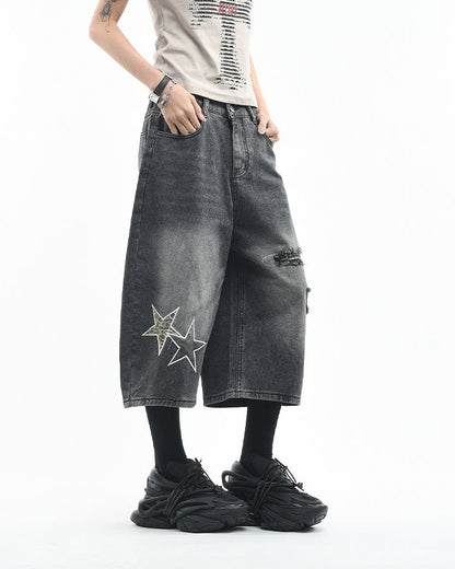 KIIKIO Y2K Star Patch Distressed Wide Denim Shorts
