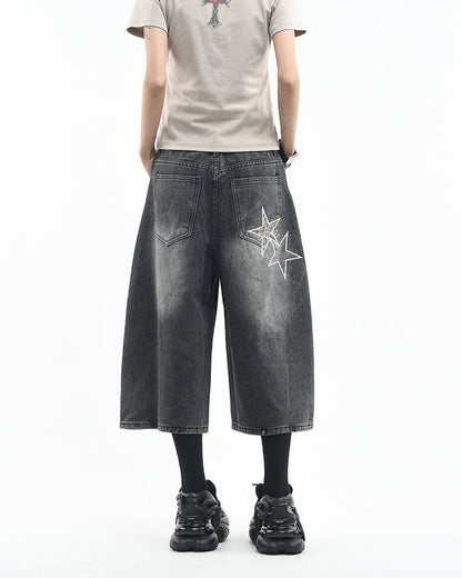 KIIKIO Y2K Star Patch Distressed Wide Denim Shorts