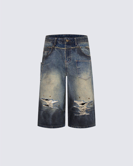 Vintage Distressed Washed Denim Cropped Shorts