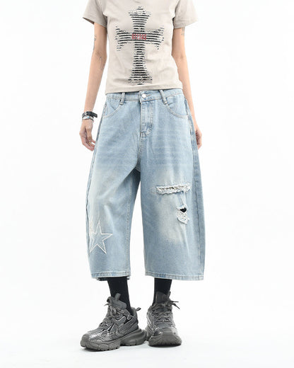 KIIKIO Y2K Star Patch Distressed Wide Denim Shorts