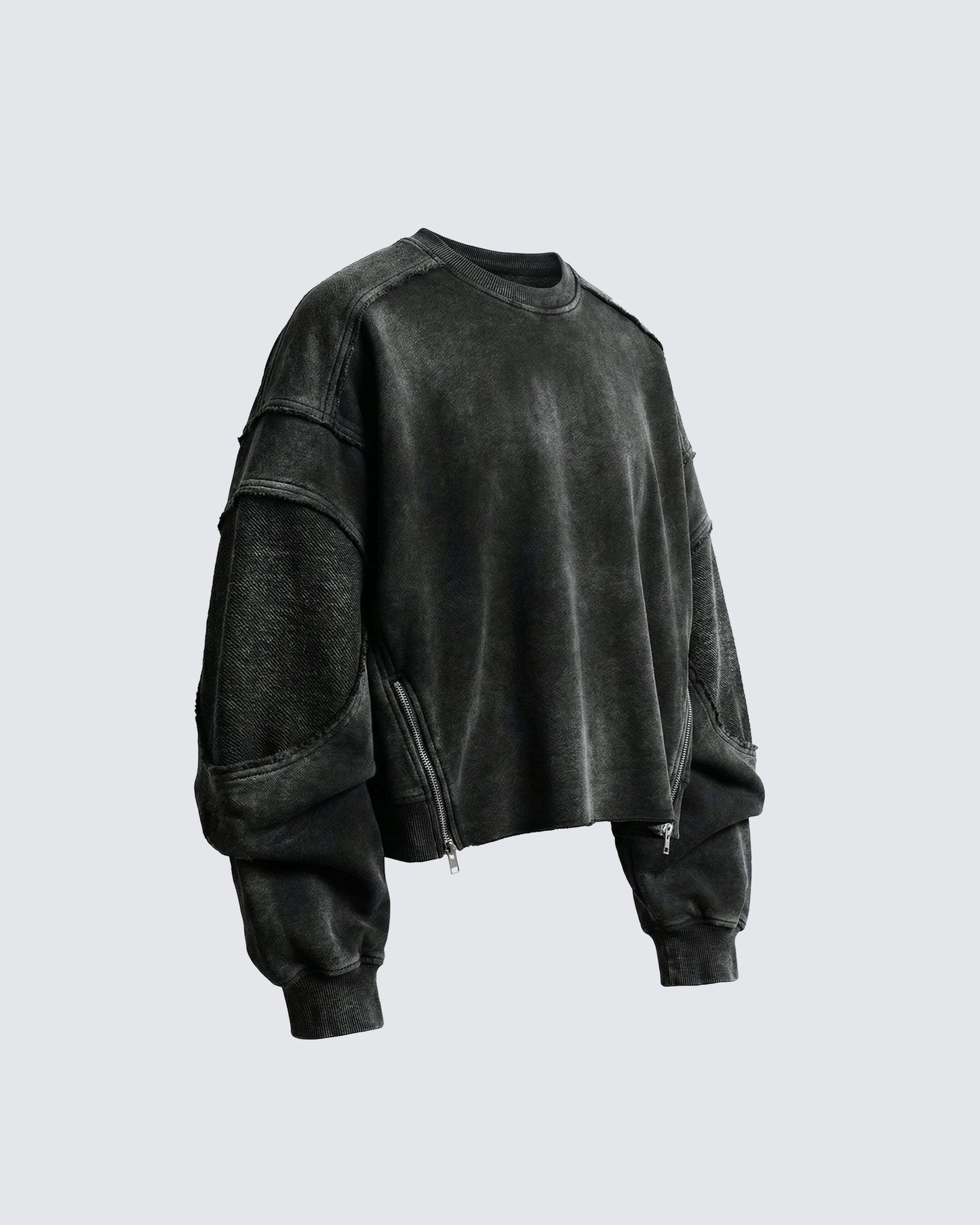 LOW SATURATION-Washed Zip Detail Cropped Sweatshirt