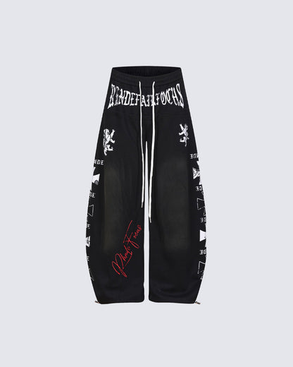 Black Gothic Letter Print Wide-Leg Sweatpants