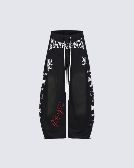 Black Gothic Letter Print Wide-Leg Sweatpants