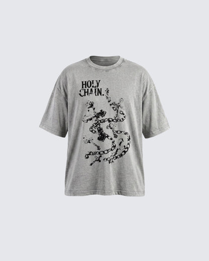 Vintage Washed Chain Cross Graphic Oversized T-Shirt