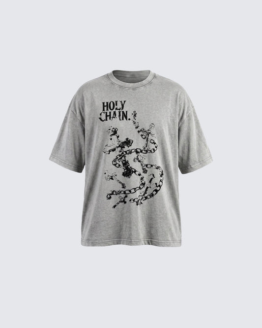 Vintage Washed Chain Cross Graphic Oversized T-Shirt