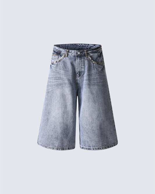 Punk Leopard Patch Embroidered Wide Denim Shorts